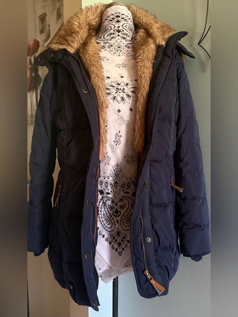 Women's Navy Puffer Coat with Faux-Fur Trim